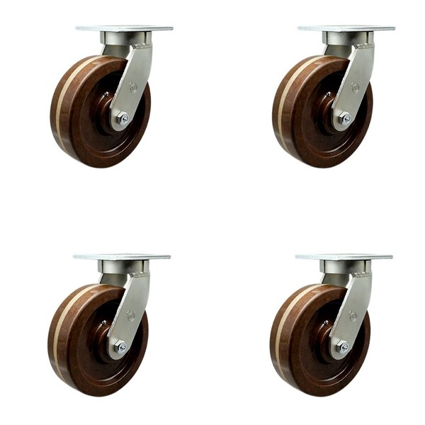 8'' Heavy Duty High Temp Phenolic Swivel Caster Set with Swivel Locks, 4PK
